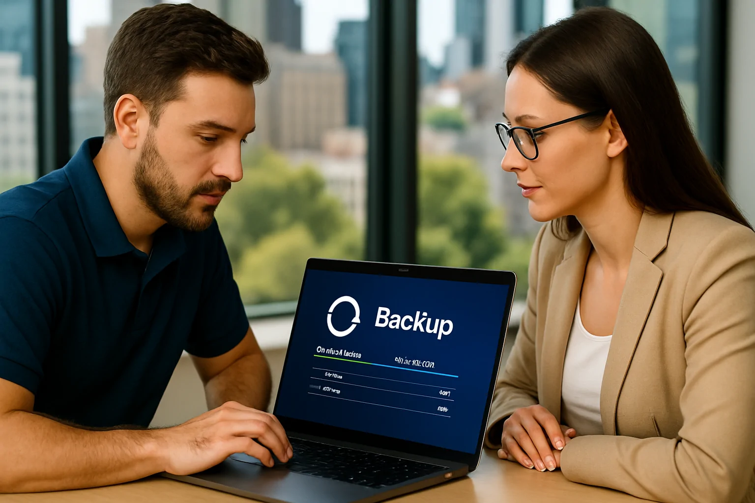 Reconnected IT support technician reviewing data backup status with a small business client in a Melbourne office