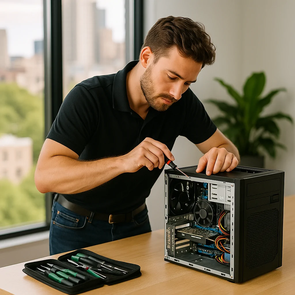 Reconnected computer technician using tools to repair a desktop PC for a small business in Melbourne
