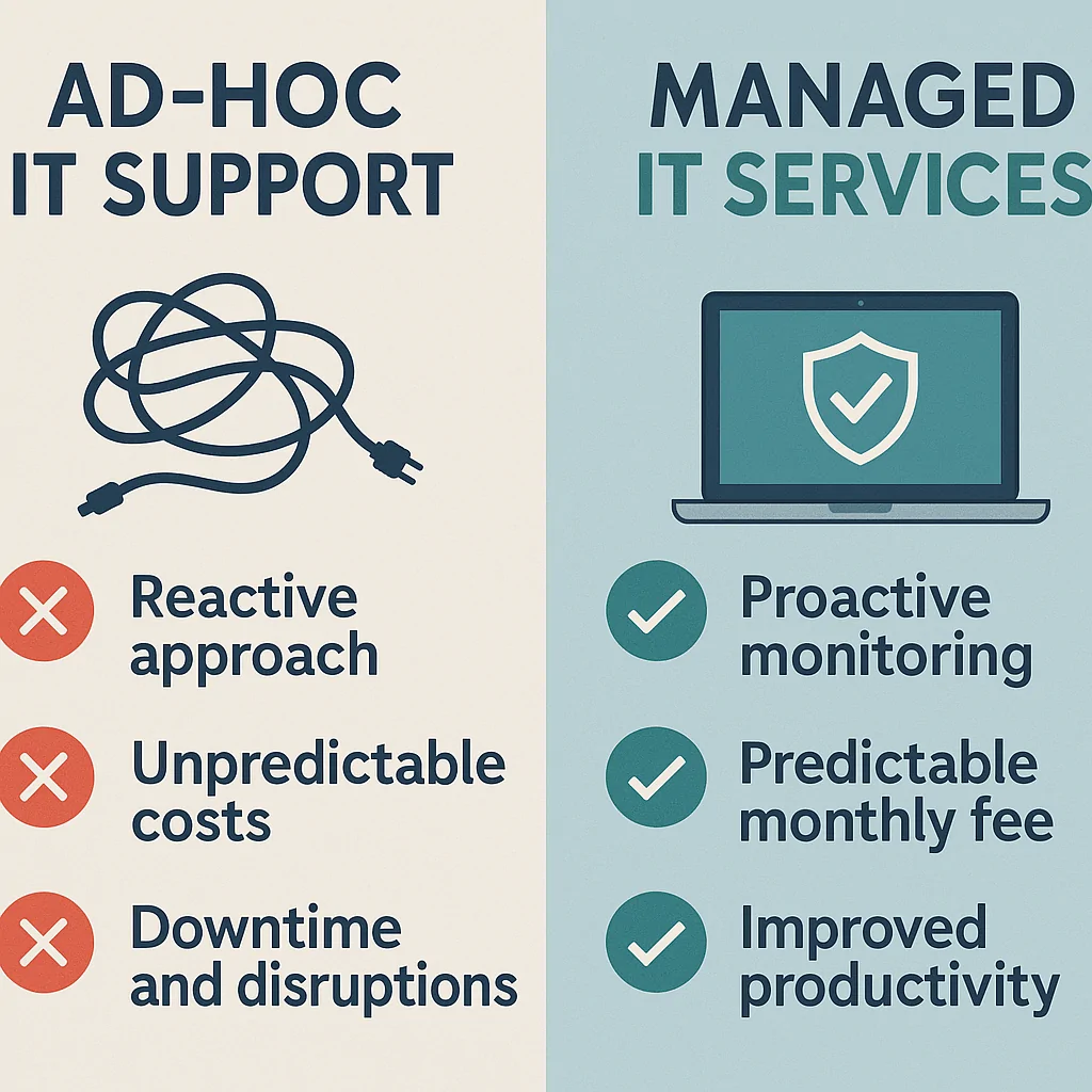 Ad-hoc IT support shown with a tangled cord and negatives, compared to managed IT services with a secure laptop and checklist of proactive benefits.