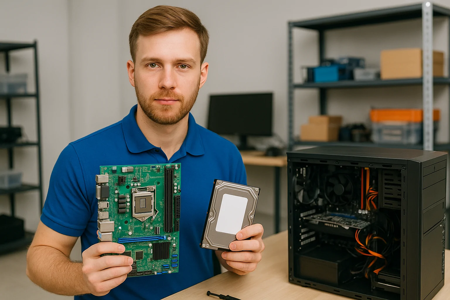 Male computer technician holding a motherboard and hard drive in a Melbourne repair workshop