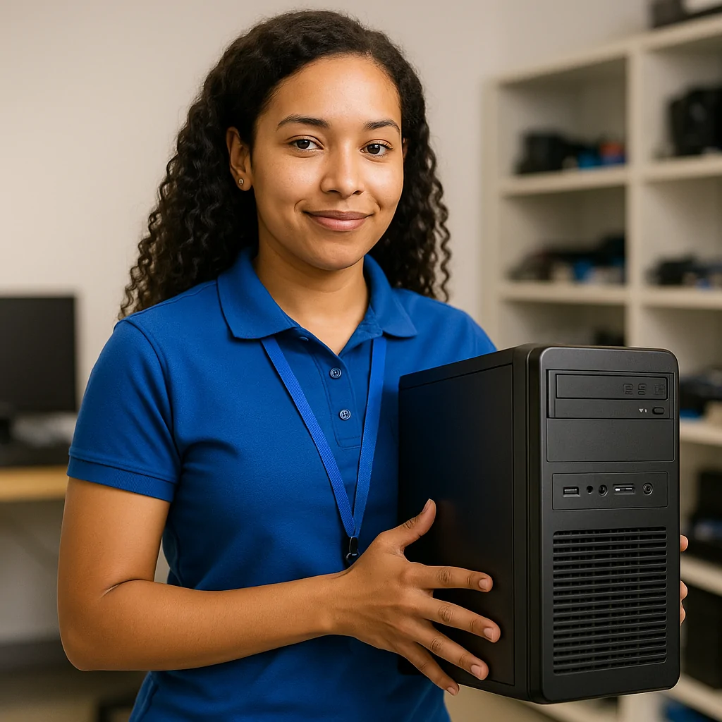 Female computer technician wearing a lanyard and carrying a desktop PC tower in a Melbourne repair shop