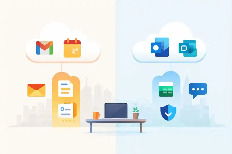 Illustration comparing Google Workspace and Microsoft 365 cloud ecosystems for home and small business users in Melbourne and regional Victoria