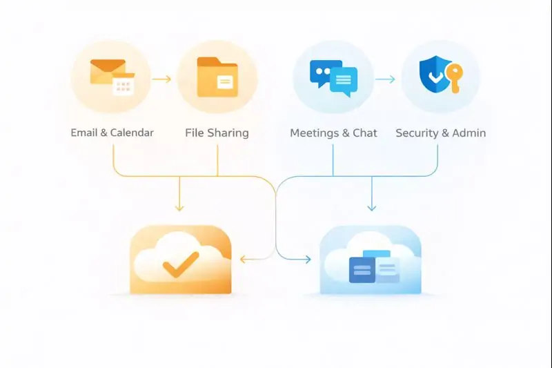 Decision flowchart comparing Google Workspace vs Microsoft 365 for Melbourne and Victoria small businesses based on email, file sharing, meetings and security needs