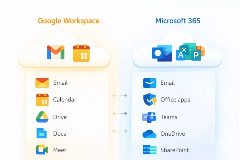 Feature comparison showing what is included in Google Workspace vs Microsoft 365, including email, calendar, cloud storage, meetings and collaboration tools