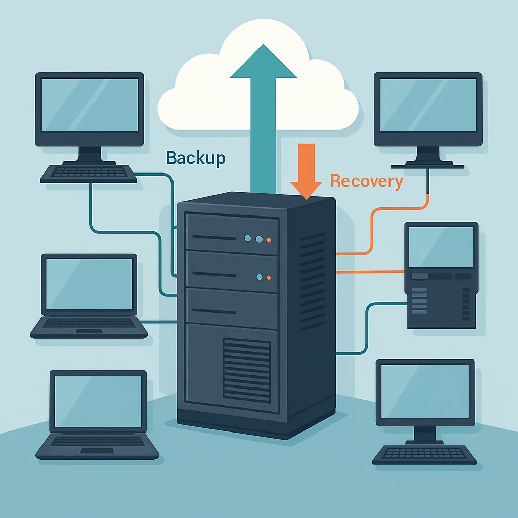 Illustration of a business server with laptops and computers backing up to the cloud, showing data backup and recovery
