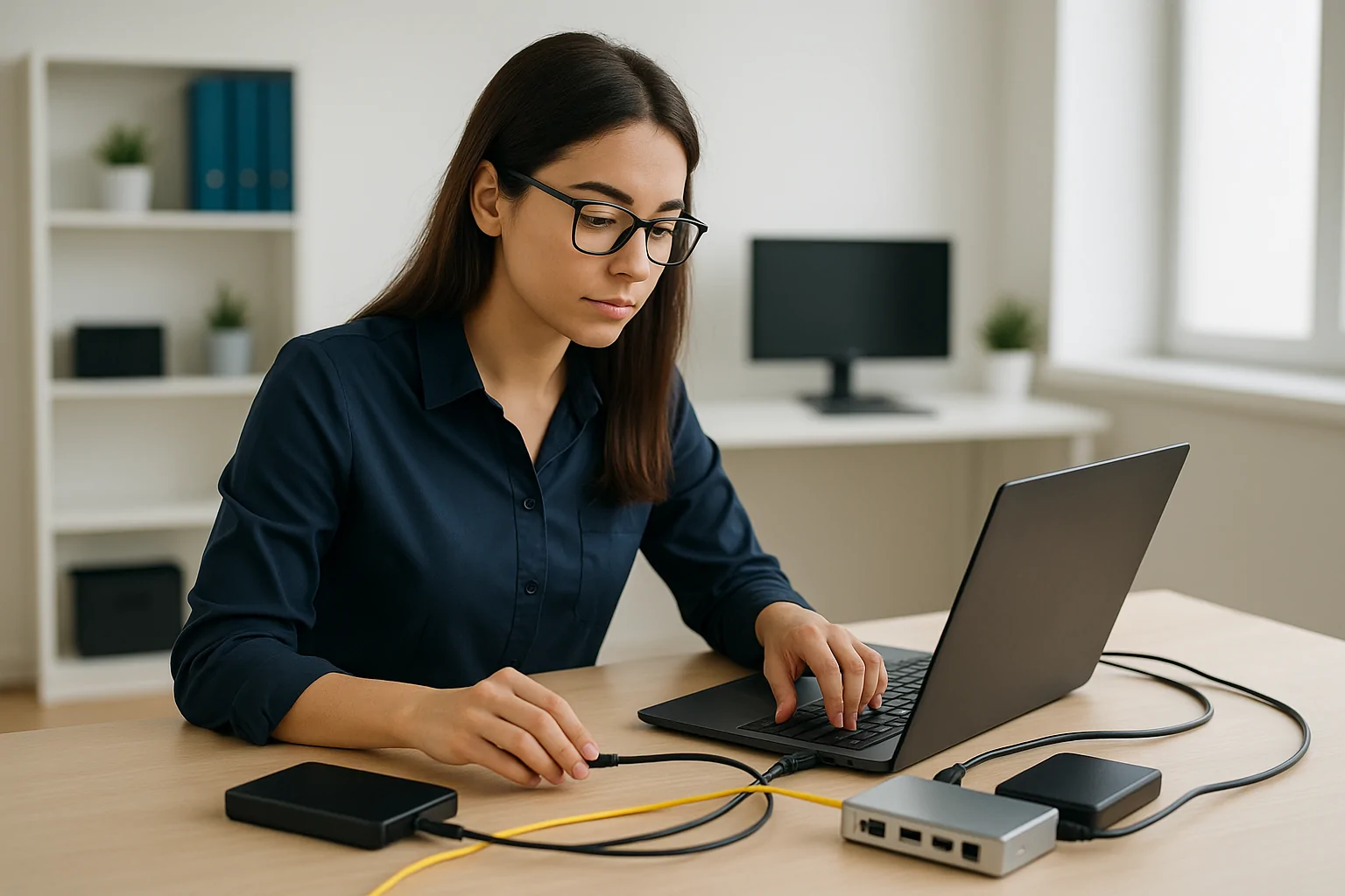 Female IT technician in a clean Melbourne workspace connecting a laptop to an external hard drive for data recovery