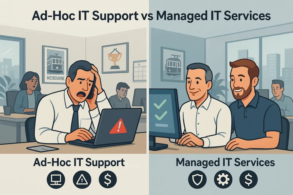 Ad-hoc IT support versus managed IT services shown as a split Melbourne office, with a stressed owner on one side and a calm team on the other.