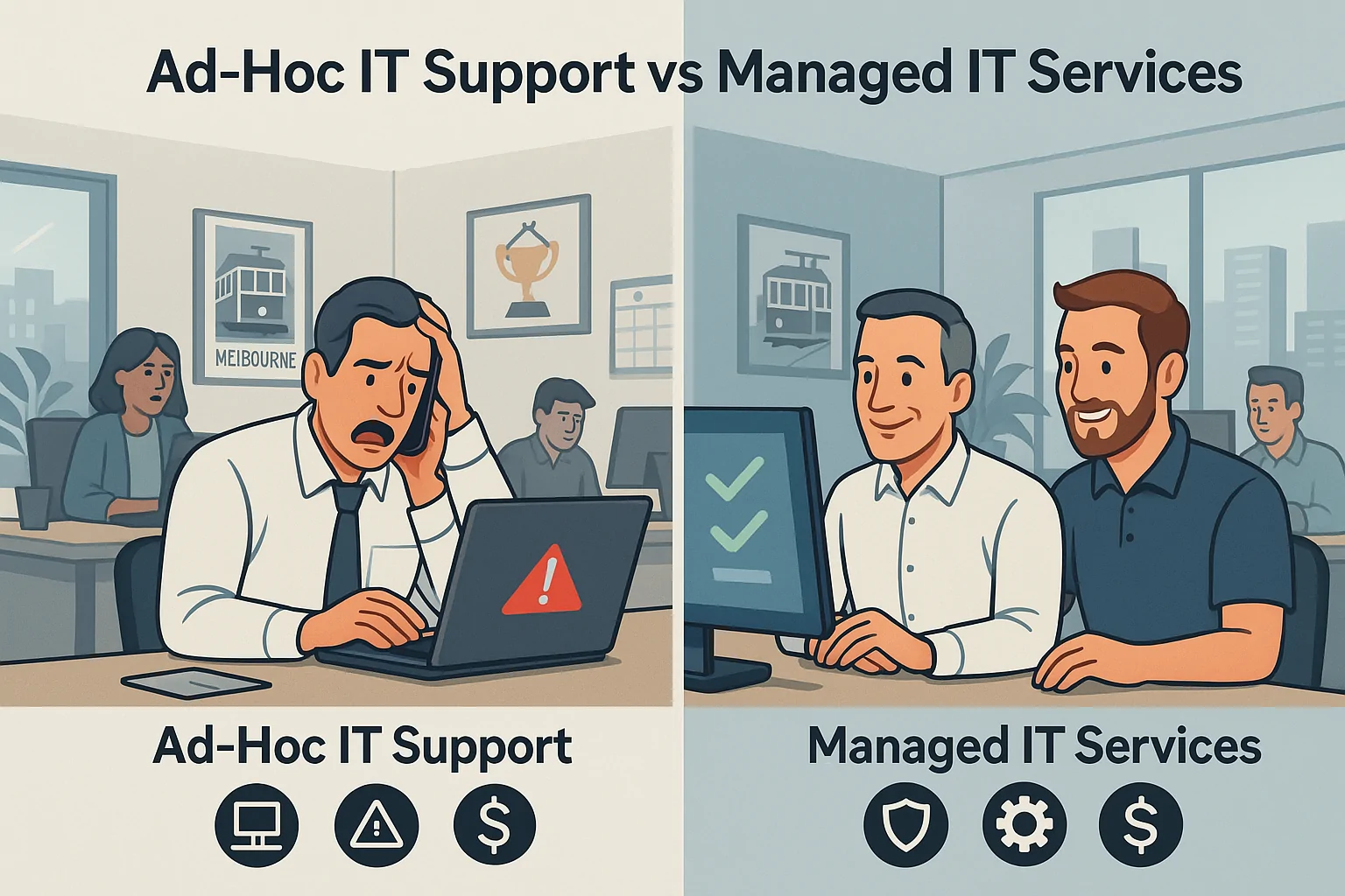 Ad-hoc IT support versus managed IT services shown as a split Melbourne office, with a stressed owner on one side and a calm team on the other.