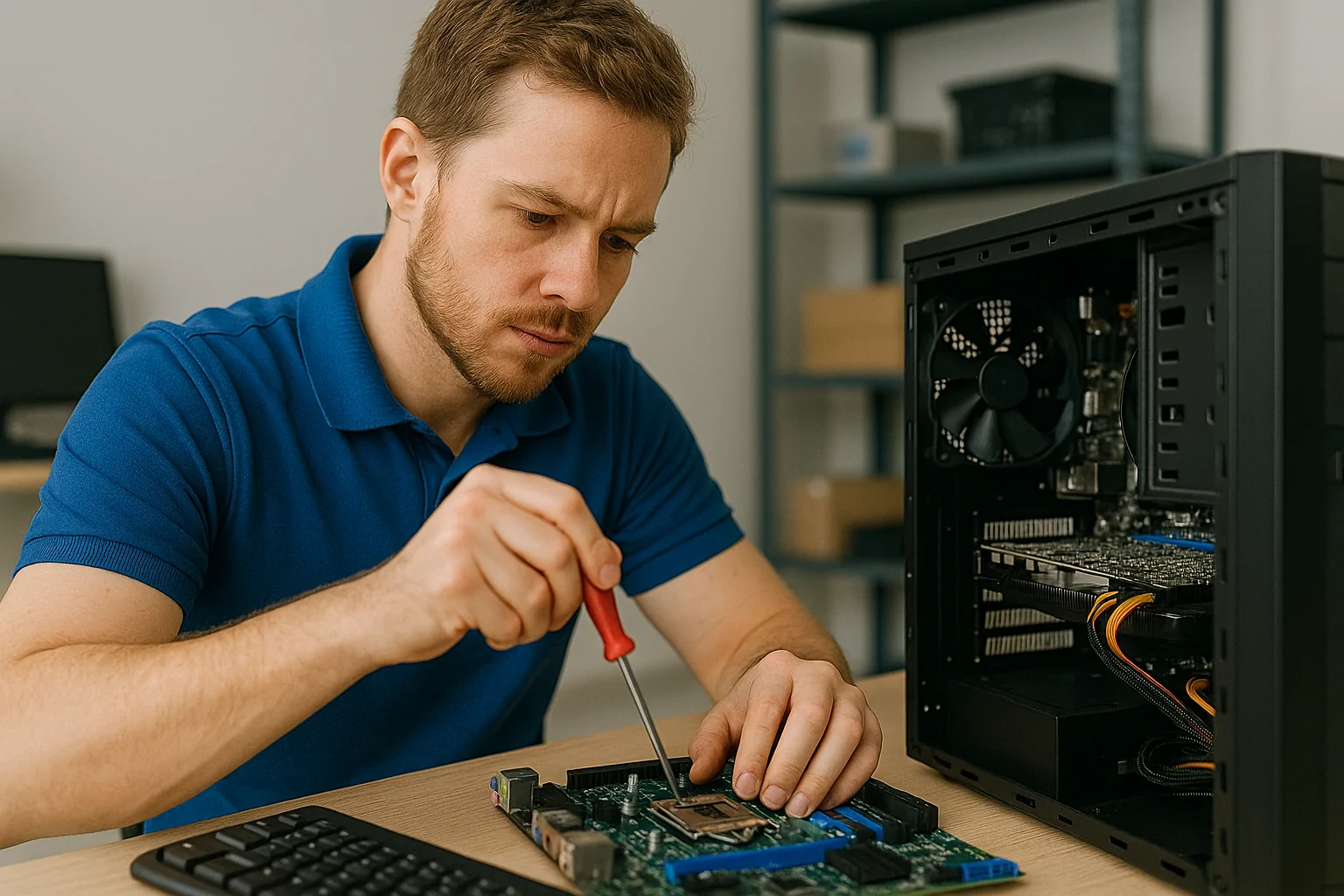 Male PC repair technician using a screwdriver on a motherboard in a Melbourne workshop