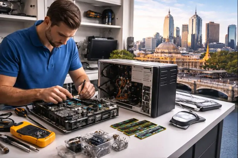 Computer technician repairing a desktop computer in a Melbourne workshop