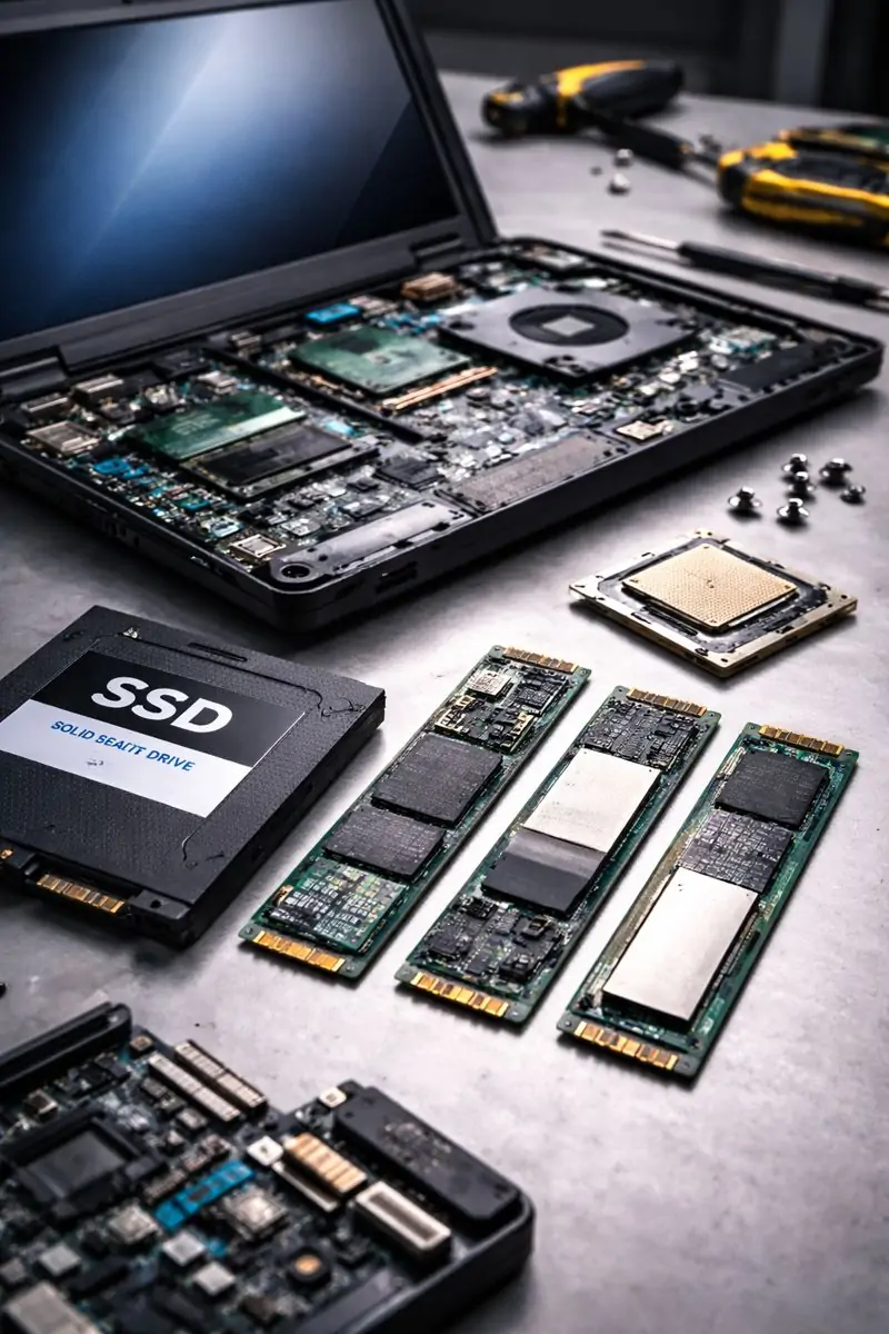 Computer repair parts including SSD drives, M.2 storage, CPU and laptop internal components