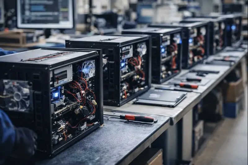 A row of desktop computers being built and tested on a workshop bench