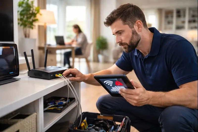 IT technician troubleshooting slow Wi-Fi and NBN connection in a Melbourne home