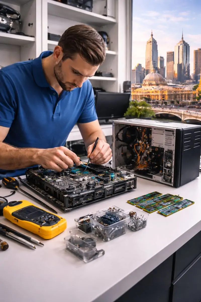 Laptop repair technician working on internal computer components in Melbourne