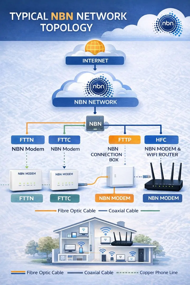 NBN network topology diagram showing FTTN, FTTC, FTTP and HFC connections used across Melbourne