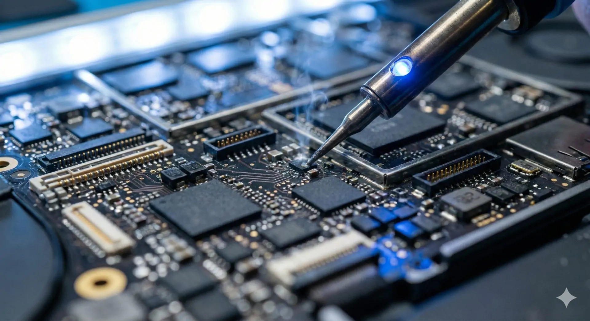 Close up of technician performing micro-soldering on an Apple MacBook logic board to fix water damage and charging issues