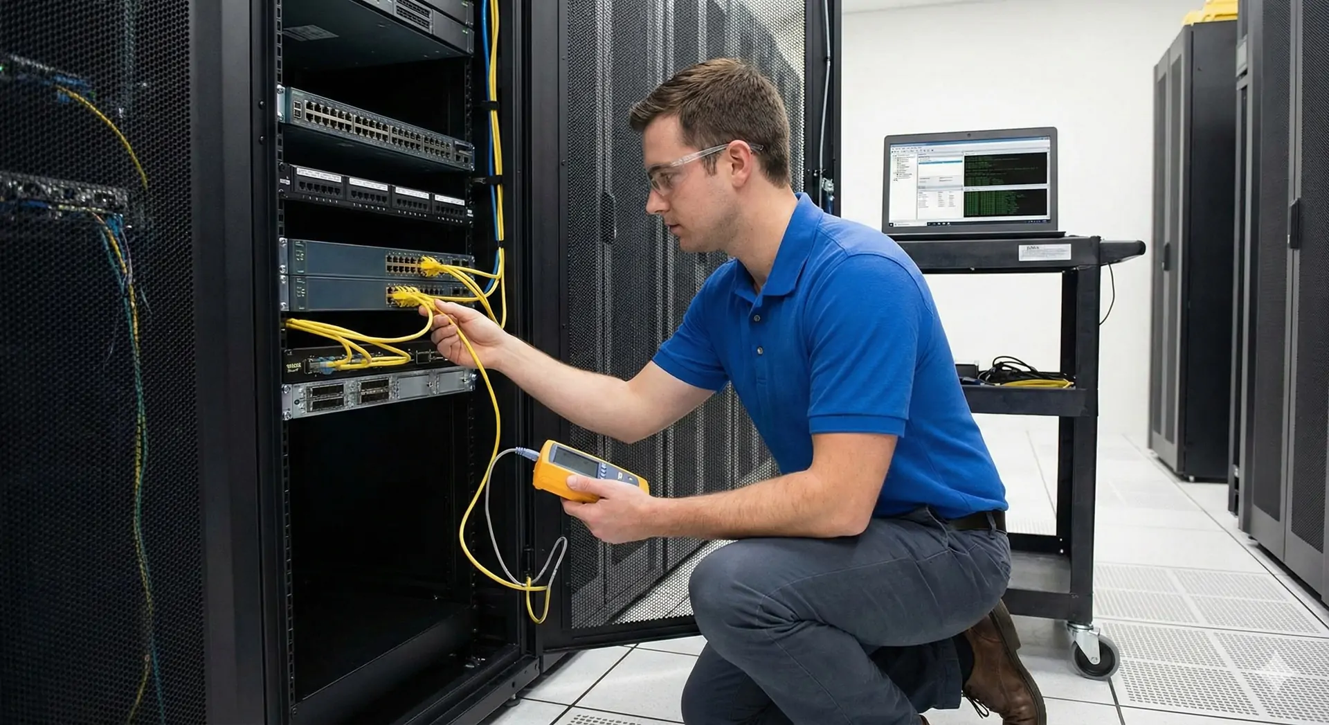 Reconnected IT professional testing server cables during a business network setup in Narre Warren.