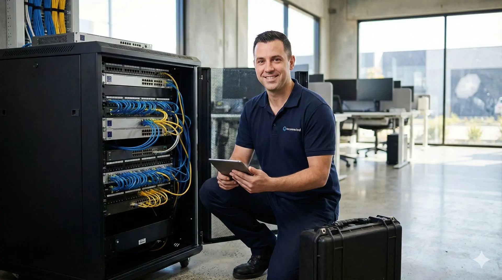Reconnected IT technician kneeling next to an open server rack performing network maintenance in a modern Braeside industrial office