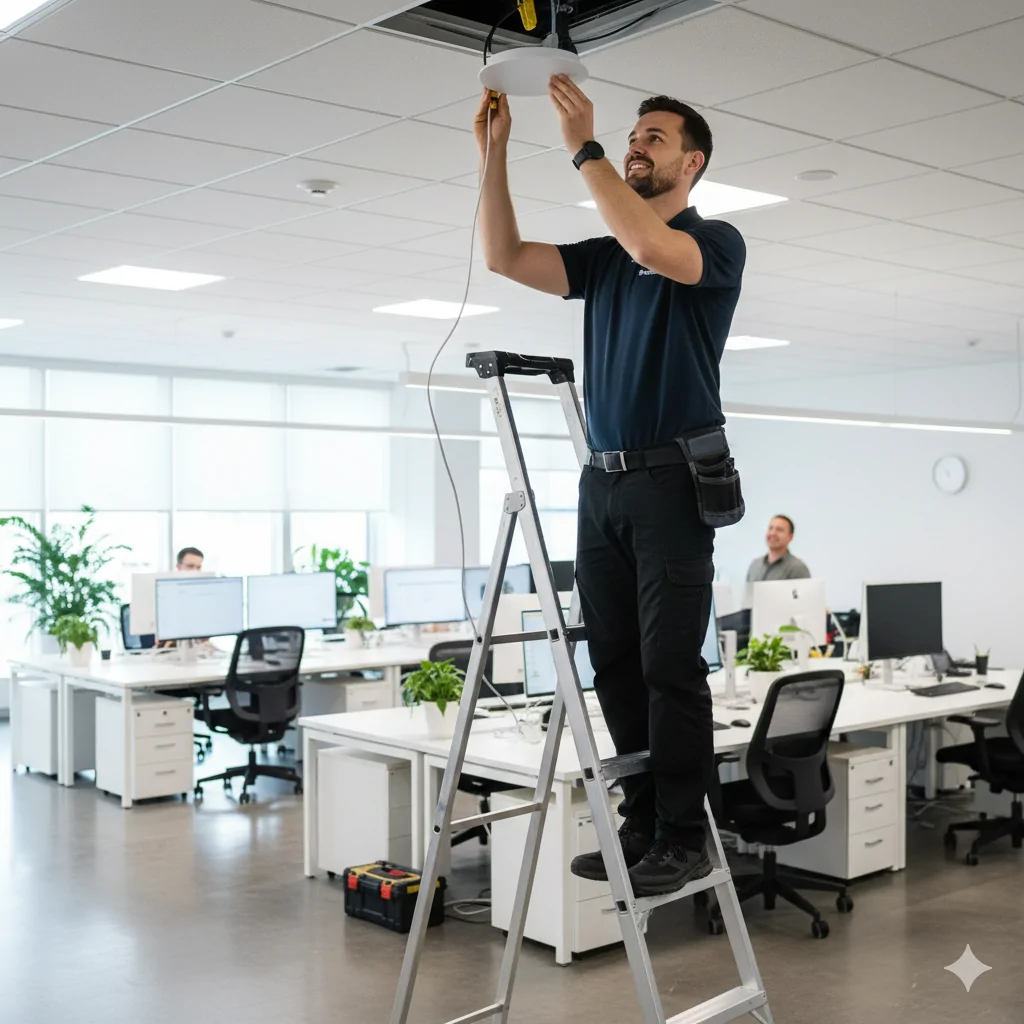 Technician installing commercial WiFi access point in Braeside office