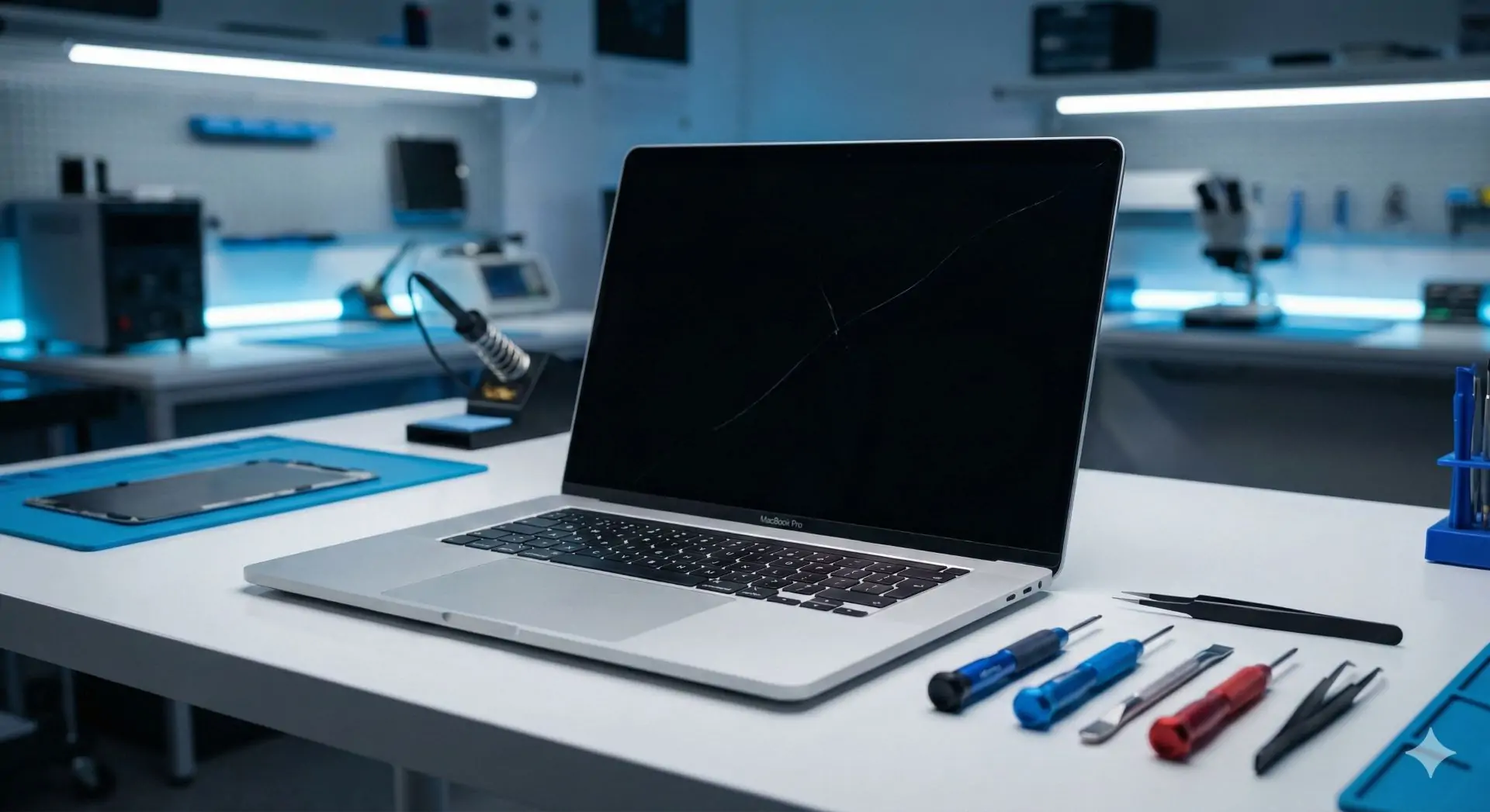 Professional workbench setup for MacBook Pro screen repair in Cranbourne showing precision tools and clean environment