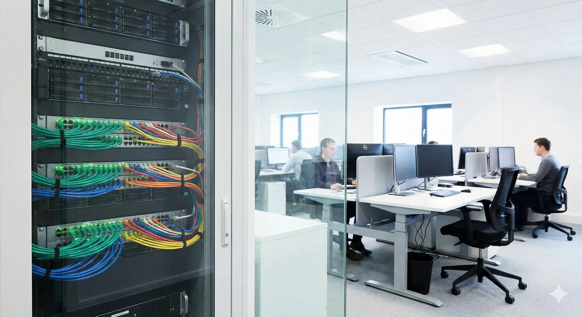Neatly cabled server rack providing managed IT and fast office network support for a commercial team.