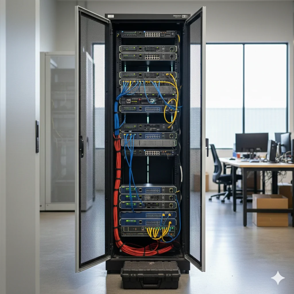 Structured network cabling and high-end server rack equipment in a Braeside industrial facility