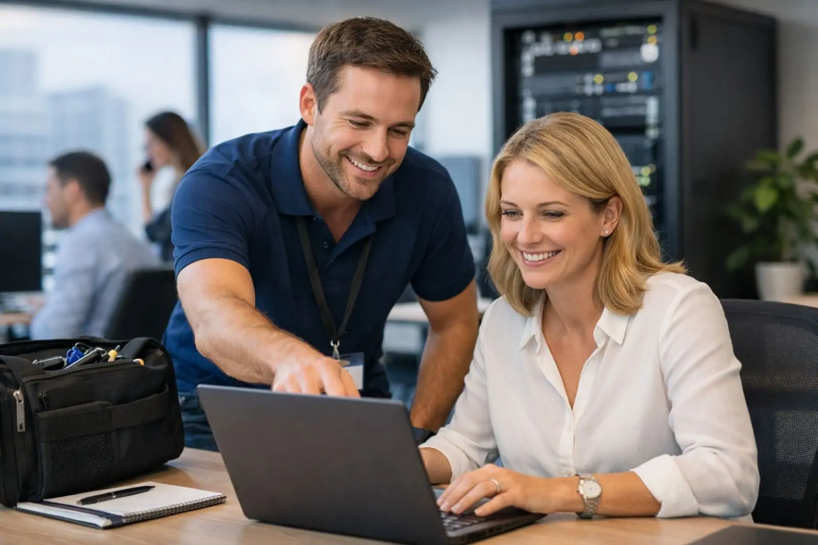 IT Support Melbourne technician helping a business client in a modern office environment.