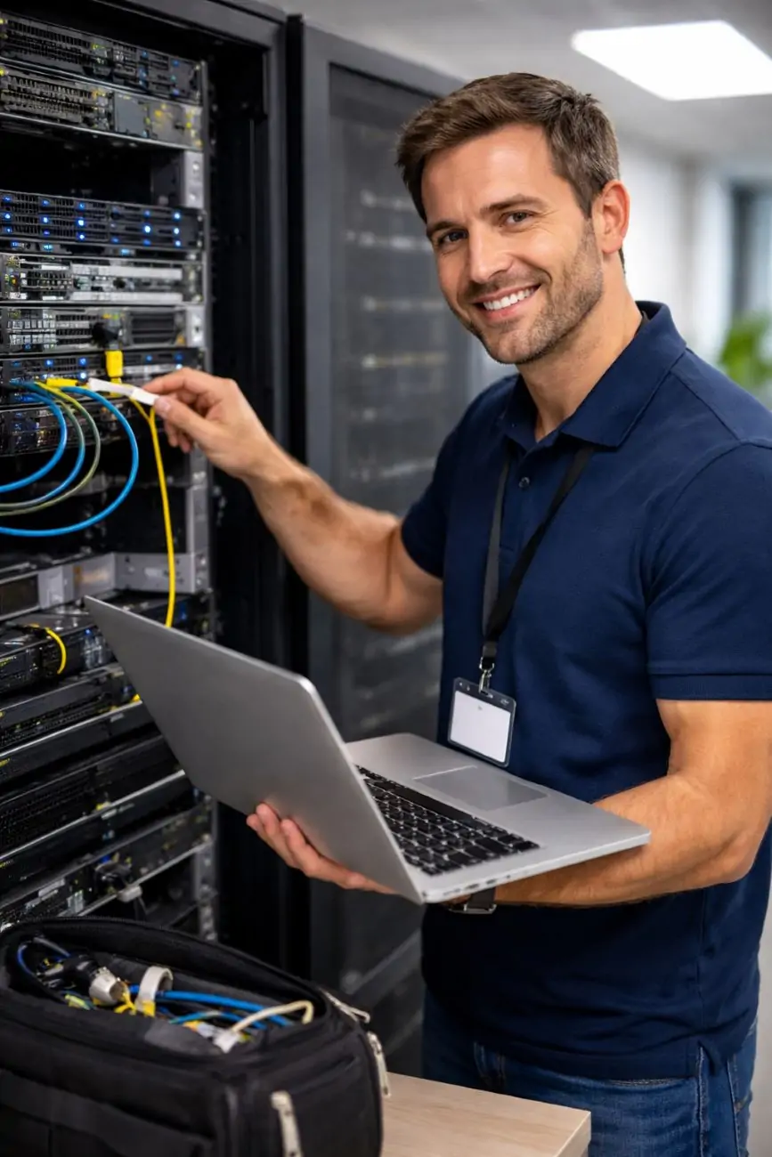 IT Support Melbourne technician working on server and network equipment for business IT systems.