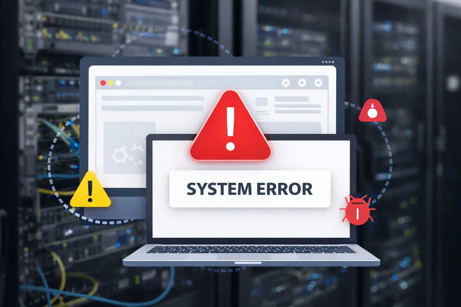 IT Support Melbourne system error graphic showing computer and network warning alerts.