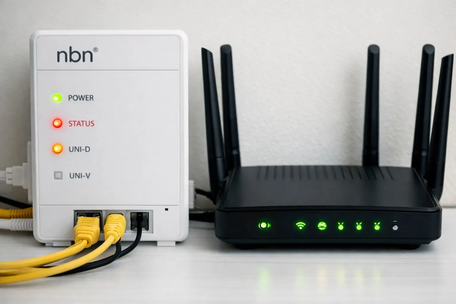 Australian NBN connection box with red fault lights next to a wifi router in a Melbourne home