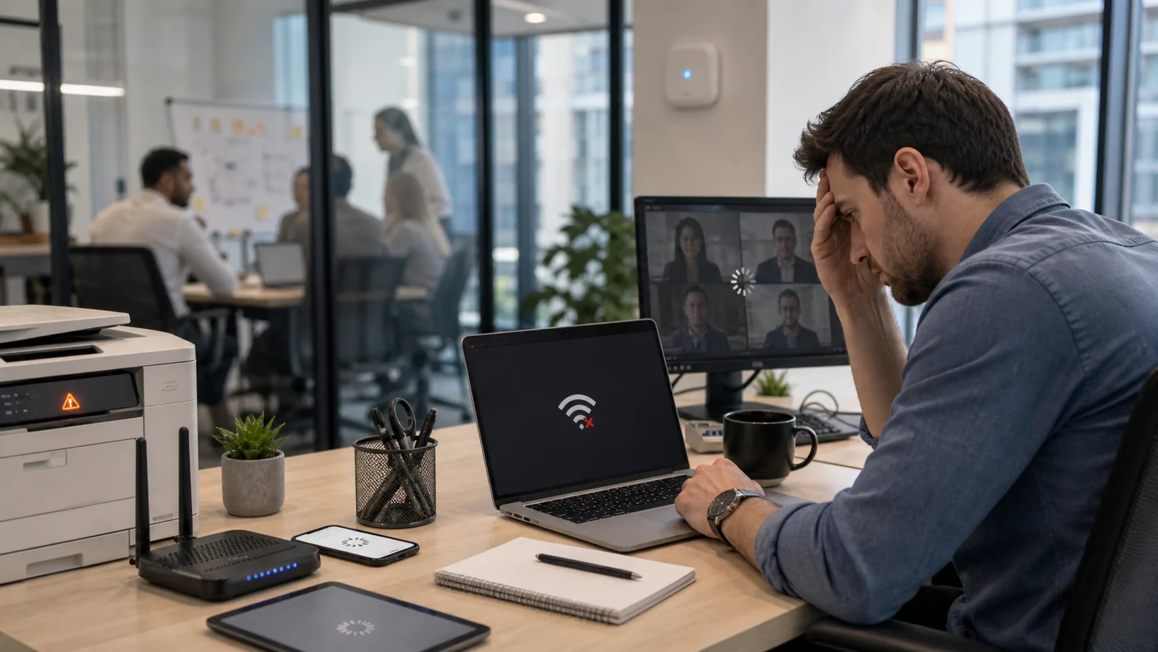 Office worker experiencing Wi-Fi disconnection issues in Melbourne workplace