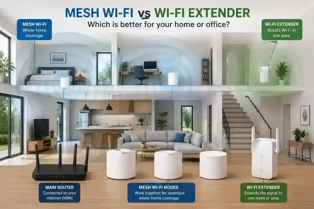Mesh Wi-Fi system and Wi-Fi extender comparison in a modern home