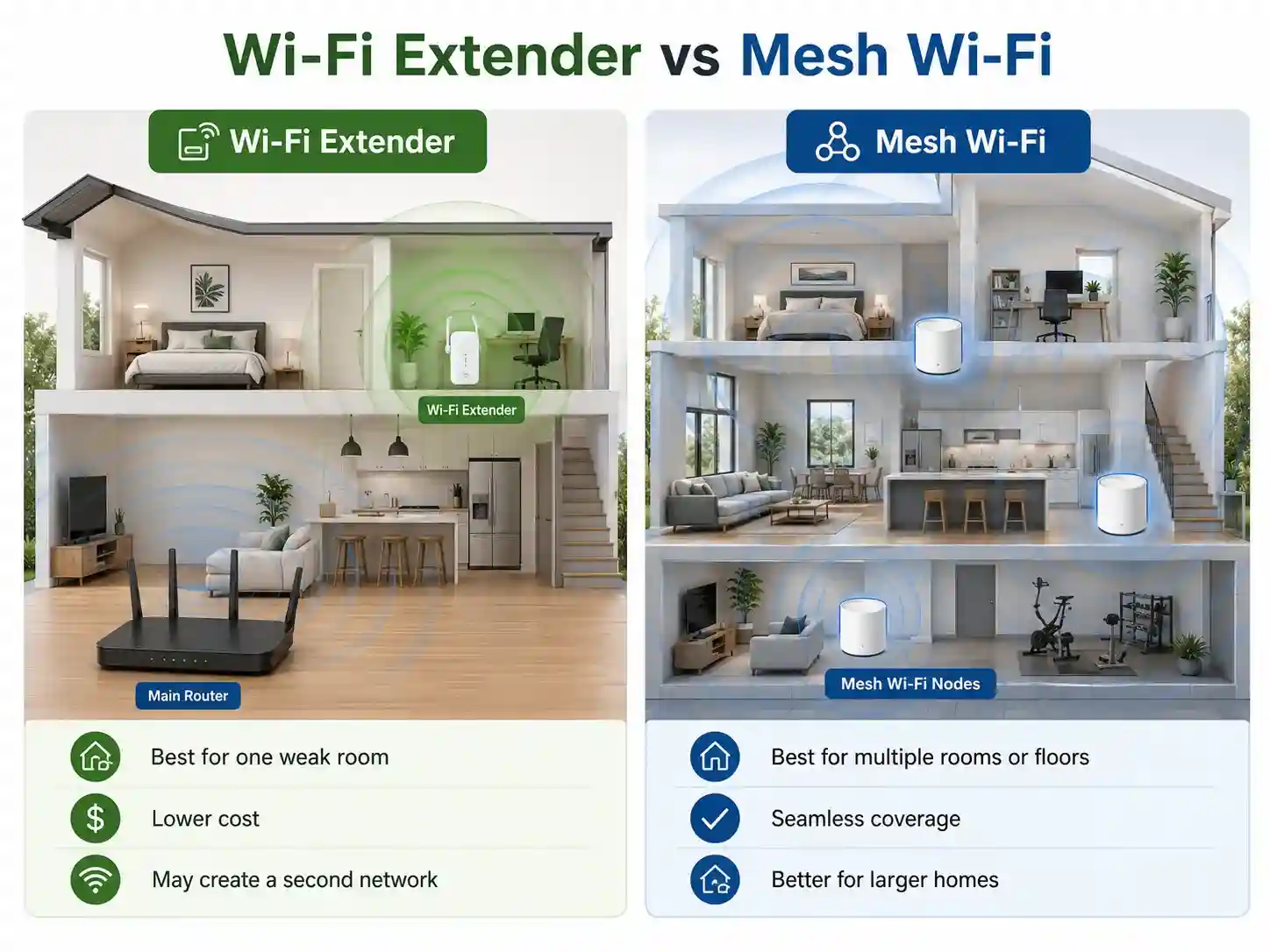 Wi-Fi extender compared with mesh Wi-Fi coverage across multiple rooms